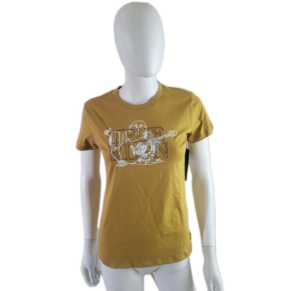 NWT Women's True Religion Crystal Studded Gold Buddha Slim Crew T-Shirt Size S